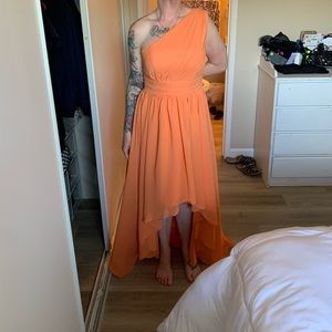 Brand New. Never worn, One shoulder bridesmaid dress in sunset orange.